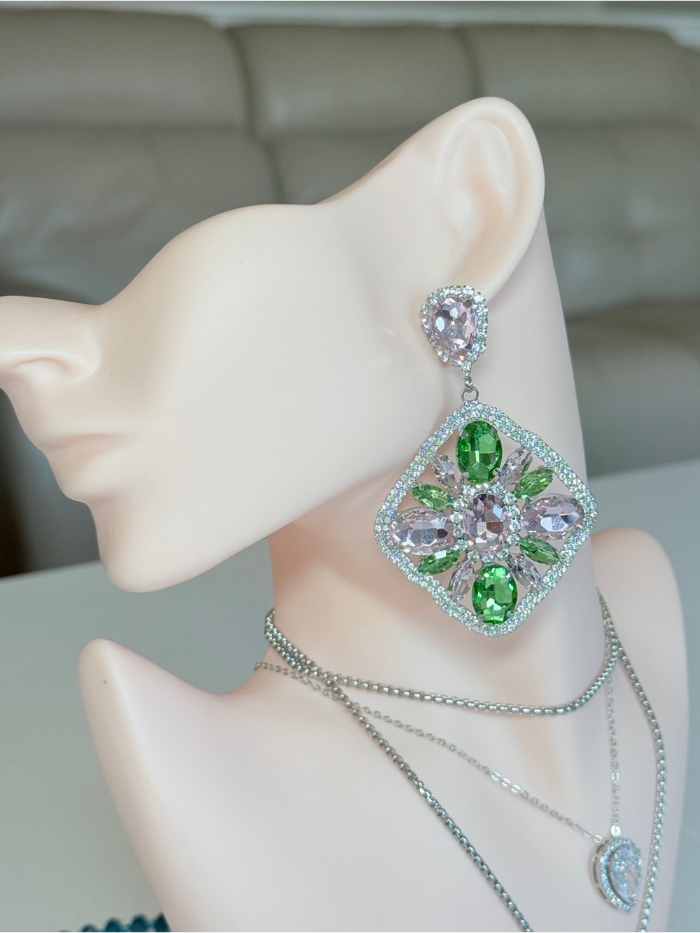 Romantic Green and Pink Crystal Drop Earrings